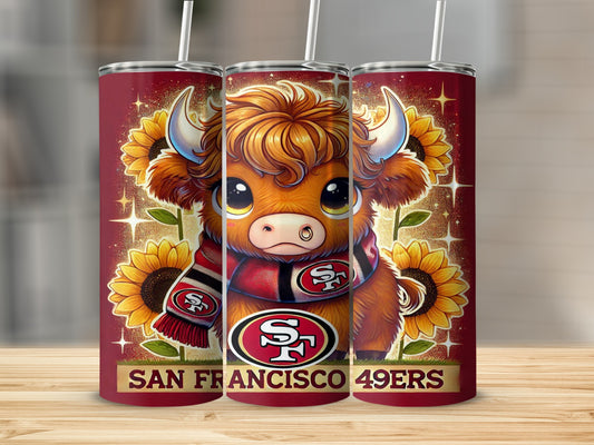 Cartoon bull with sunflowers and San Francisco 49ers logo.