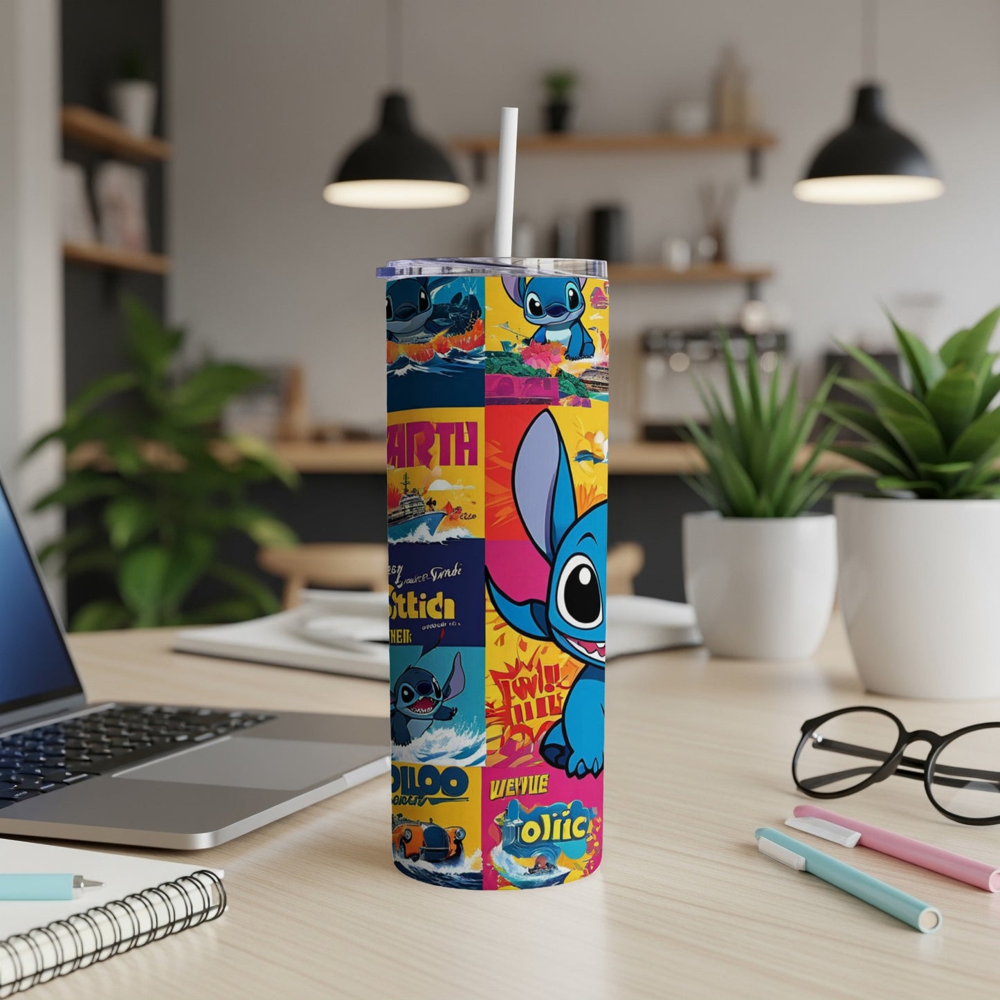 Stitch themed tumbler with various colorful scenes and text on a desk.