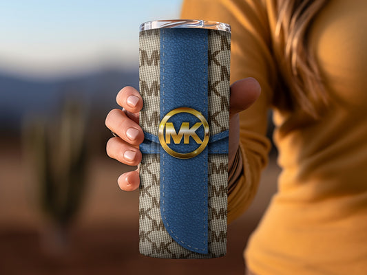 Stylish MK Monogrammed Blue Accent Travel Mug