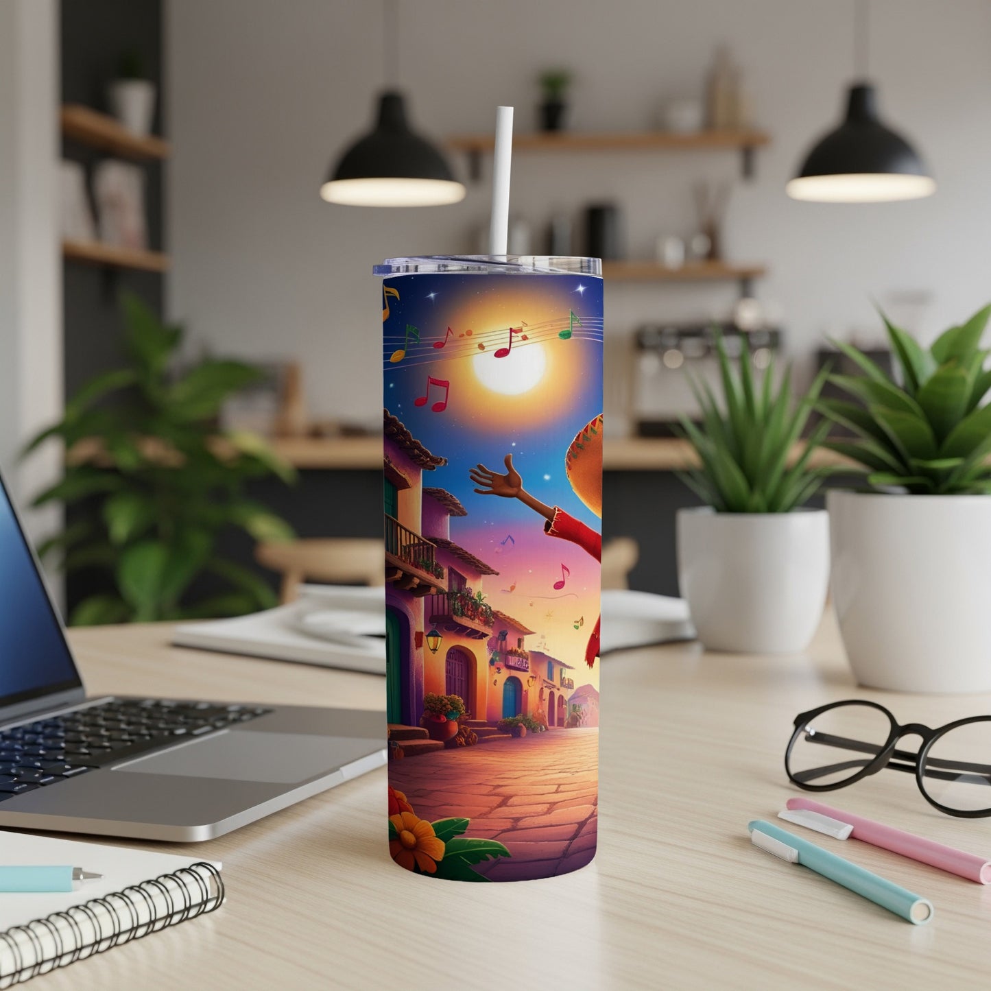 Tumbler with colorful Mexican village scene under a starry night sky.