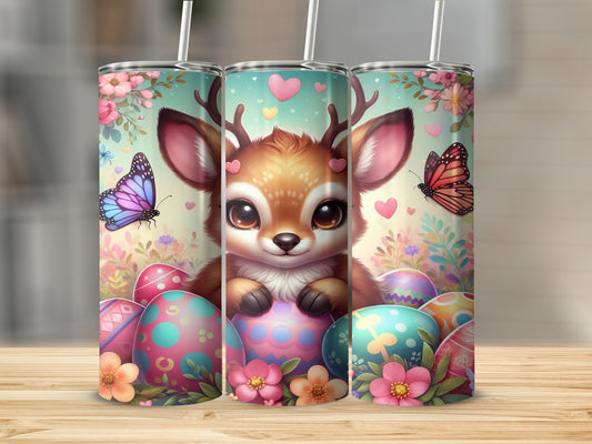 Cute cartoon deer with Easter eggs and butterflies on a patterned background.