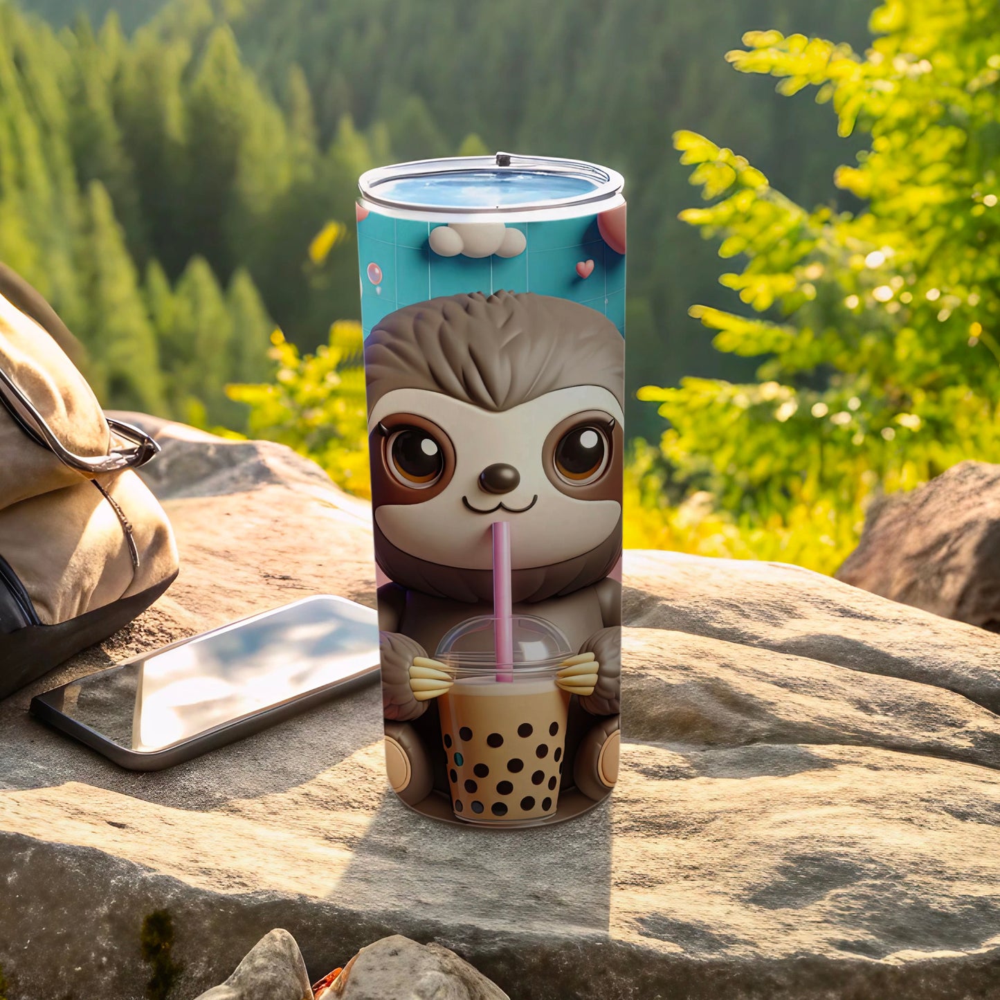 Sloth with boba tea on tumbler, set outdoors with backpack and phone.