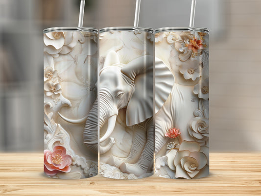 White elephant head and floral relief on a textured tumbler.