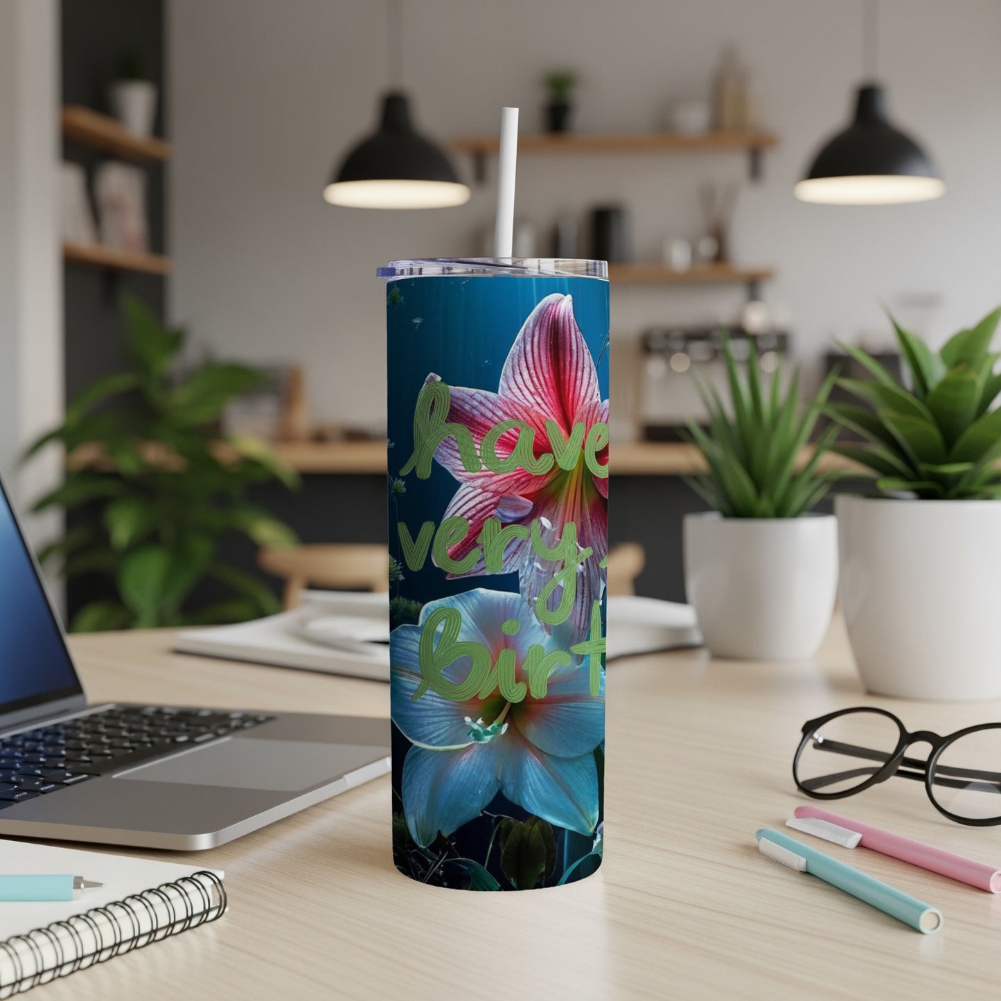 Tall tumbler with "Happy Birthday" text over floral design.