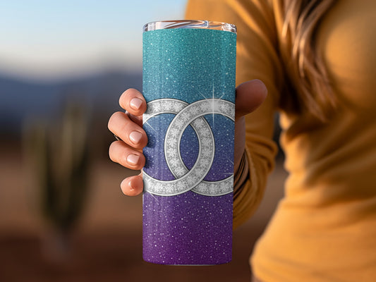 Interlocking Logo Turquoise Blue Gradient Sparkles Tumbler