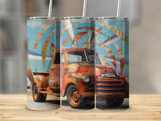 Rusty vintage truck with abstract wave pattern on a blue background.