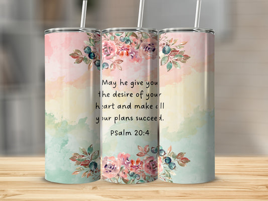 Inspirational Floral Design Tumbler with Psalm 20:4 Quote