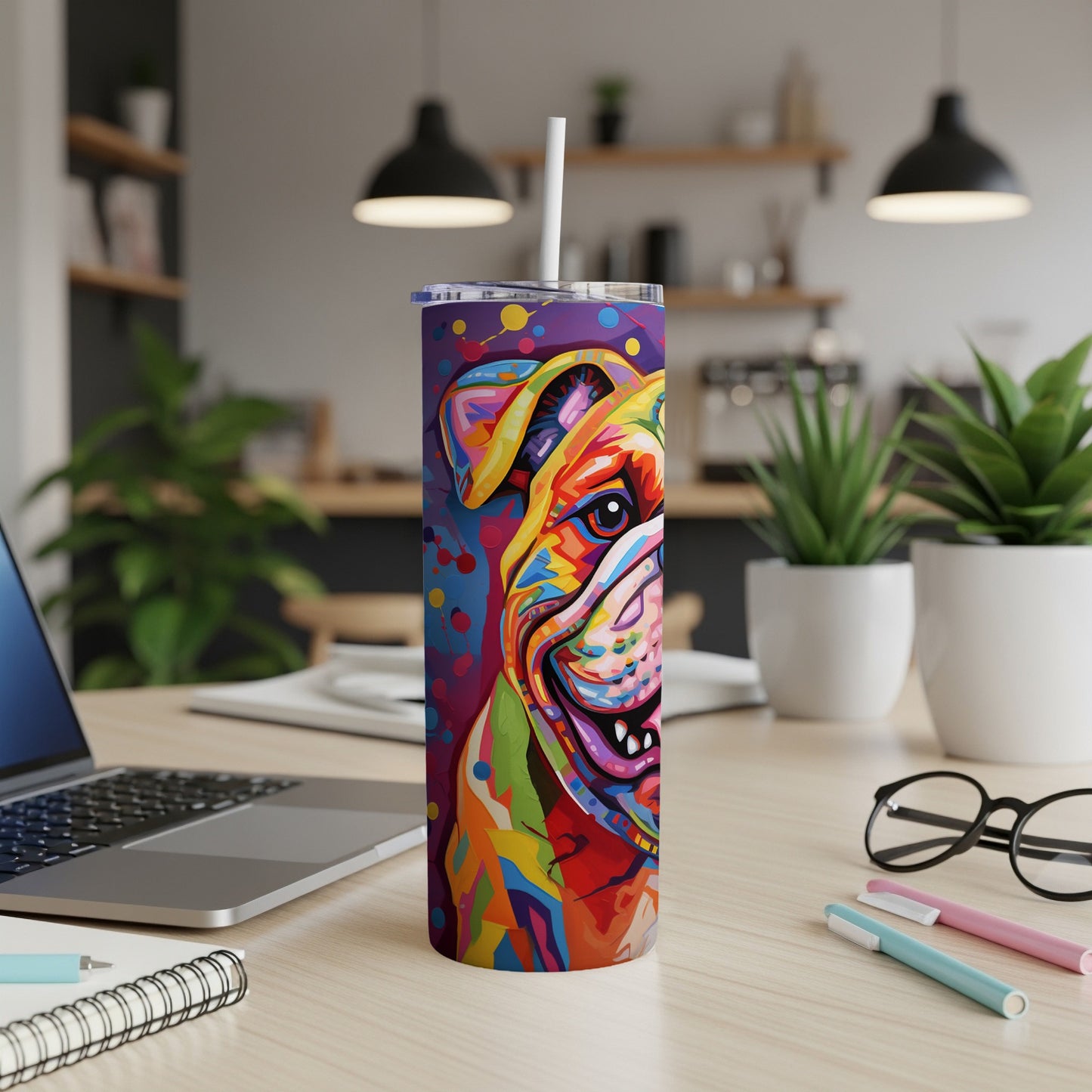 Colorful bulldog design on a skinny tumbler with a straw.