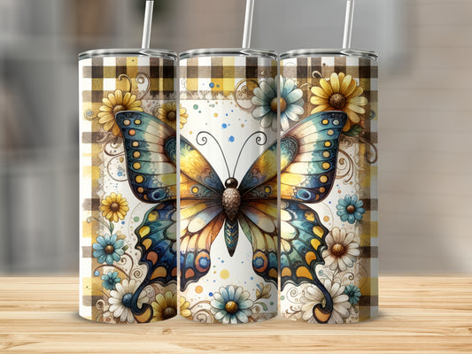 Tumbler with colorful butterfly and plaid floral design.