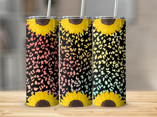Three tumblers with sunflowers and colorful leopard print patterns.