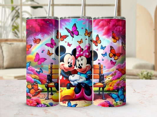 Colorful Butterflies and Cartoon Couple Tumbler Cup