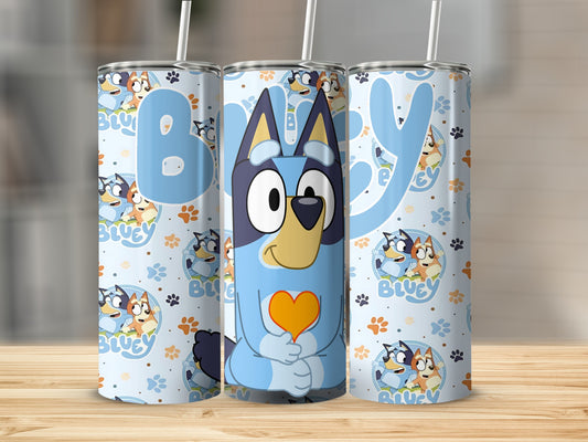Bluey character tumbler with orange heart and paw print pattern.