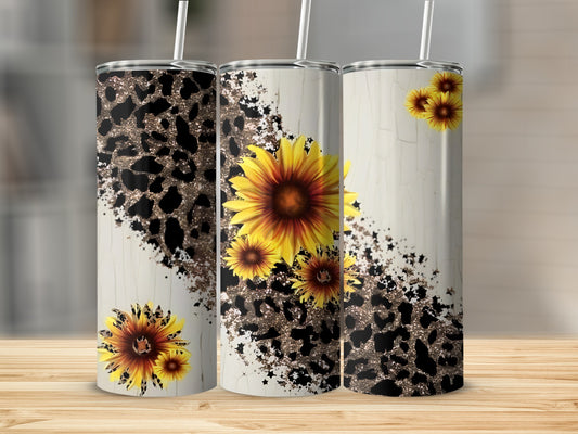 Sunflower and leopard print tumbler with glitter accents.