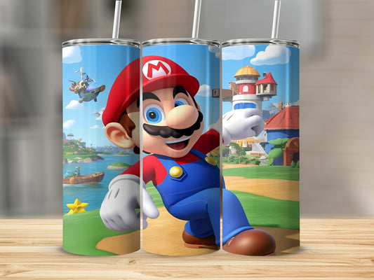 Mario in a running pose with a castle and water in the background.