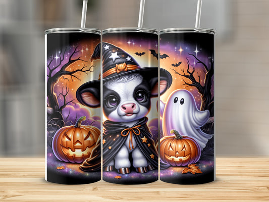 Cow in Halloween costume with pumpkins and ghost on starry background.