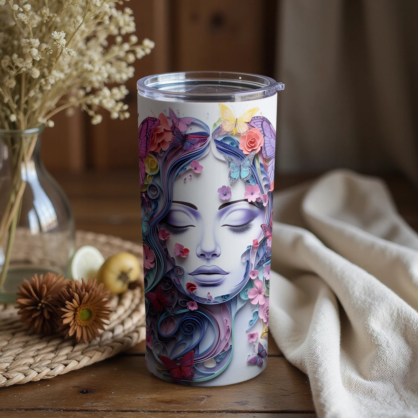 Floral and Butterfly Face Design Insulated Tumbler