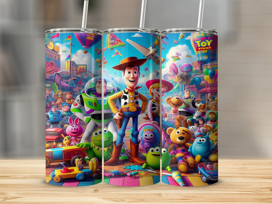 Toy Story characters Buzz Lightyear and Woody stand with other characters from the movie.