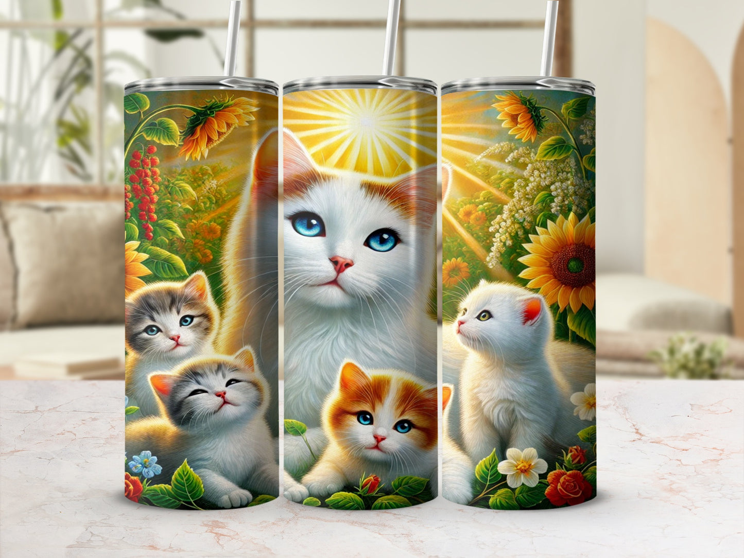 Colorful Cat Family with Sunflowers Tumbler