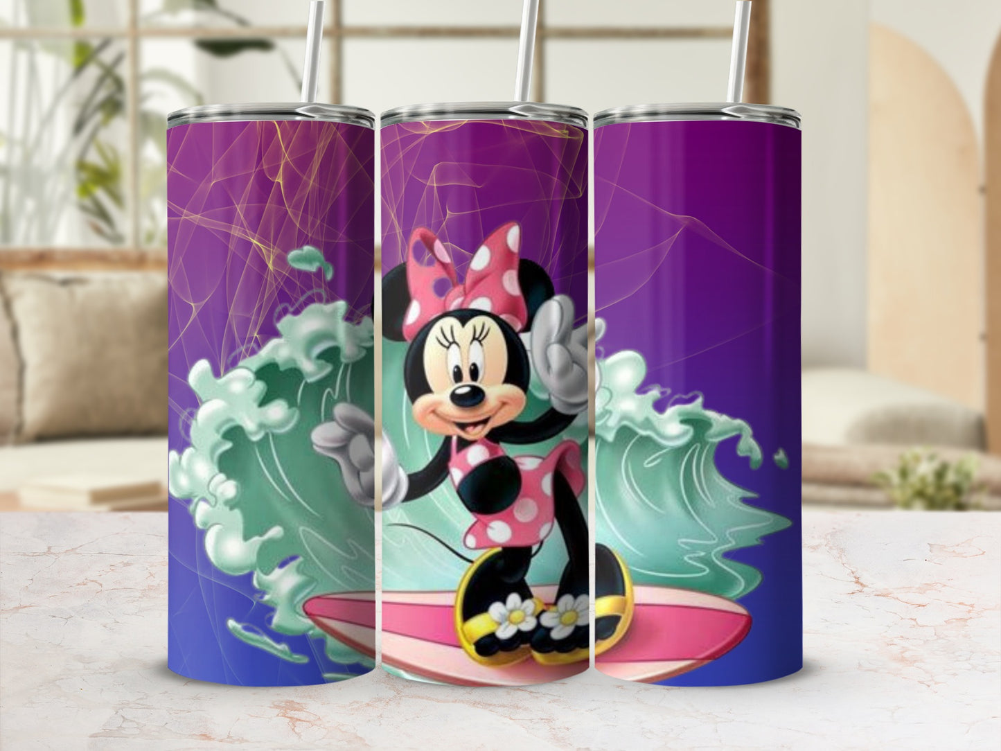 Minnie Surfs on Waves Purple Travel Tumbler