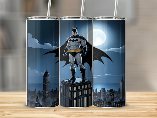 Batman standing on a rooftop overlooking a city at night under a full moon.