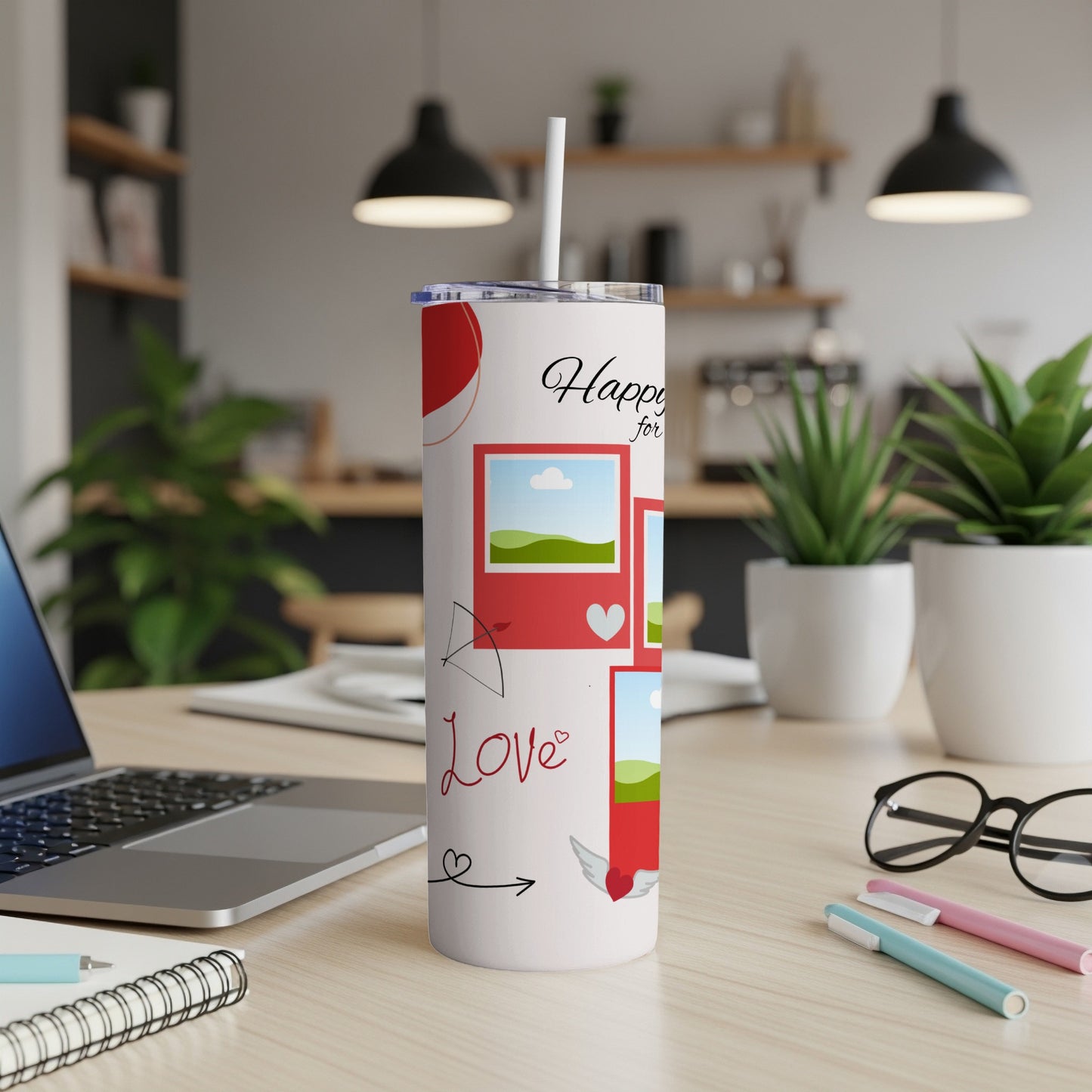 White tumbler with "Happy for Love" design featuring photo frames and cupid's arrow.