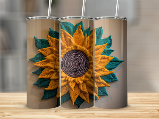 Three tumblers displaying a textured sunflower design with green leaves.