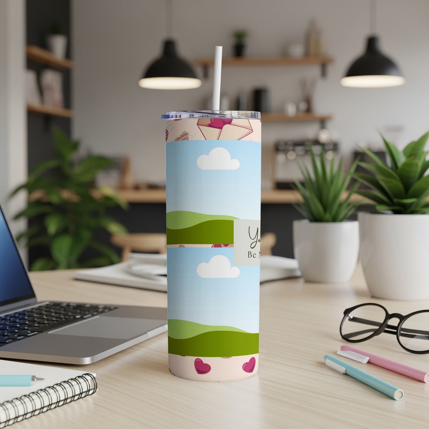 Tumbler with hearts and clouds design, text "You Be M".