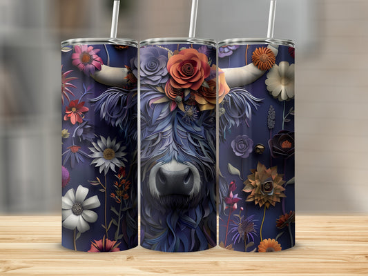 Highland cow with floral headpiece and floral pattern on tumblers.