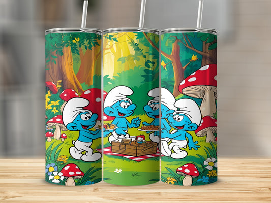 Smurfs having a picnic in a forest with mushrooms and flowers.