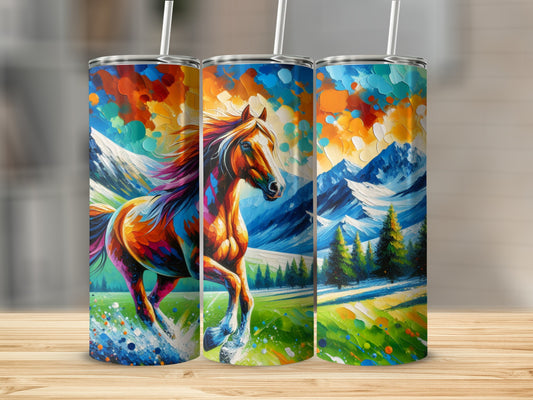 Colorful abstract horse running through a vibrant landscape with mountains.