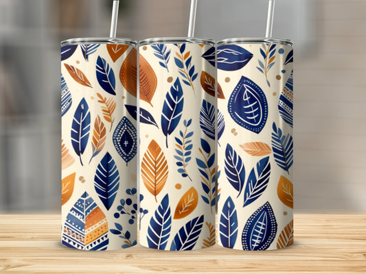 Three tumblers with blue and orange leaf pattern.