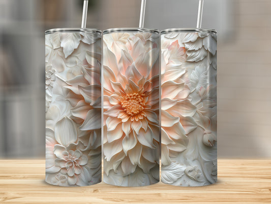 Three tumblers featuring embossed floral designs and a central dahlia bloom.