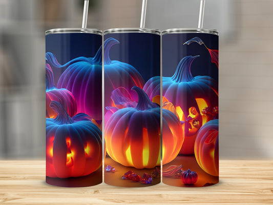 Three tumblers with glowing Halloween pumpkins and fall leaves design.