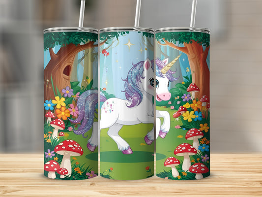 Whimsical unicorn with rainbow mane in a colorful forest clearing.