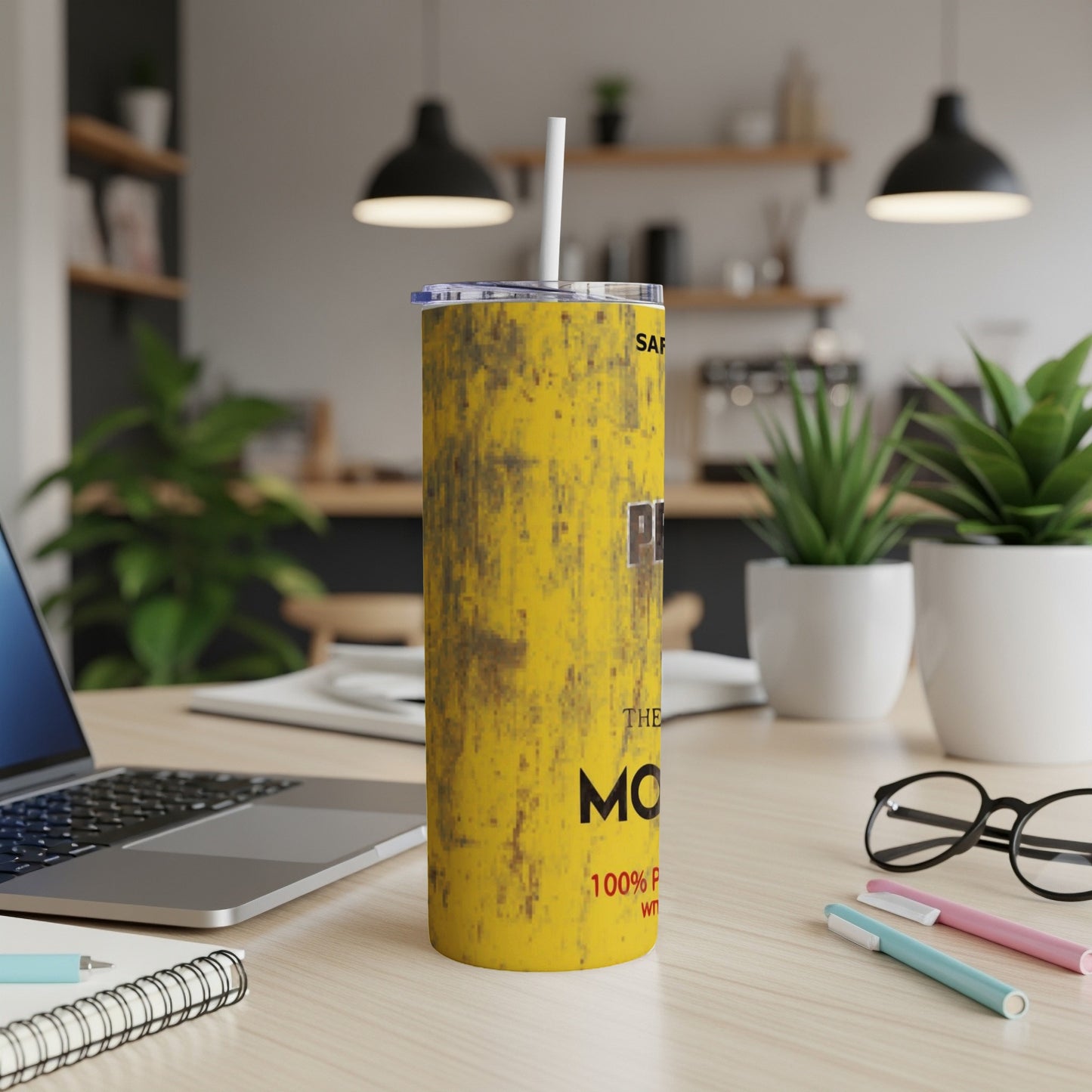 Yellow textured tumbler with "Dirt, Mud, and Coffee" text and straw.