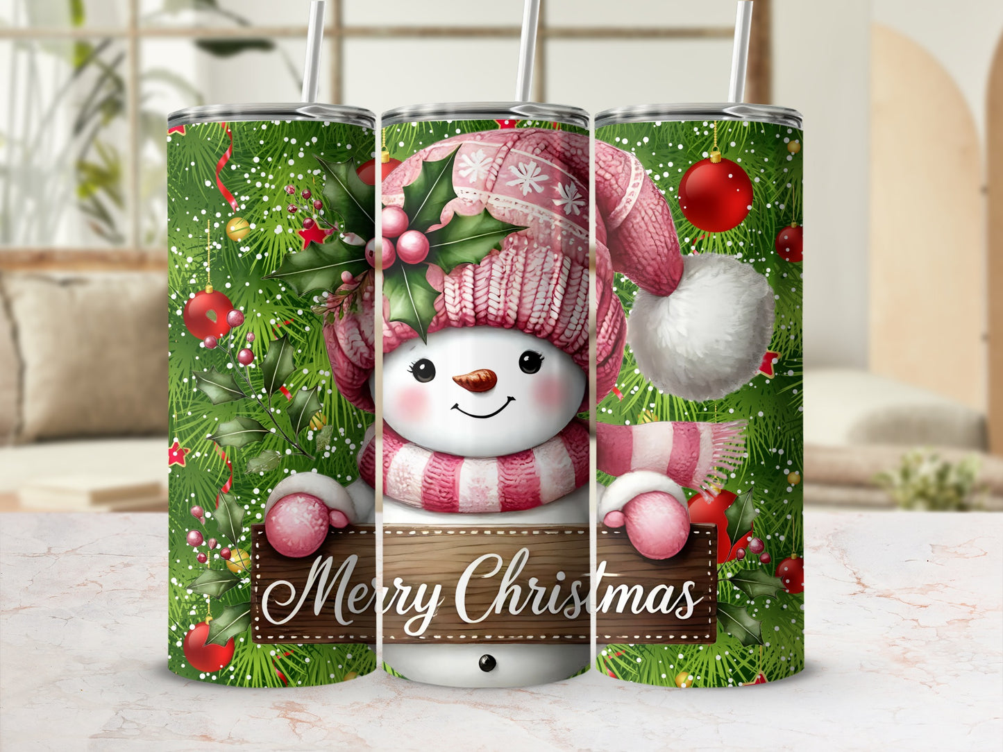 Festive Snowman Merry Christmas Tumbler with Straw