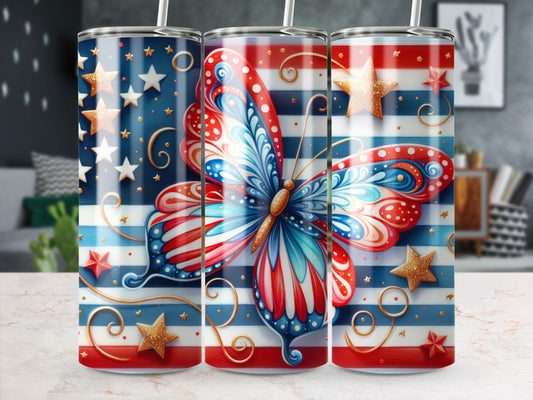 American flag butterfly tumbler with stars and stripes.