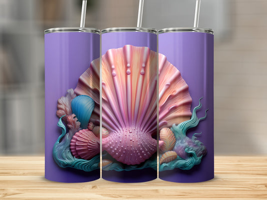 Purple tumbler with a raised seashell and ocean-themed design.