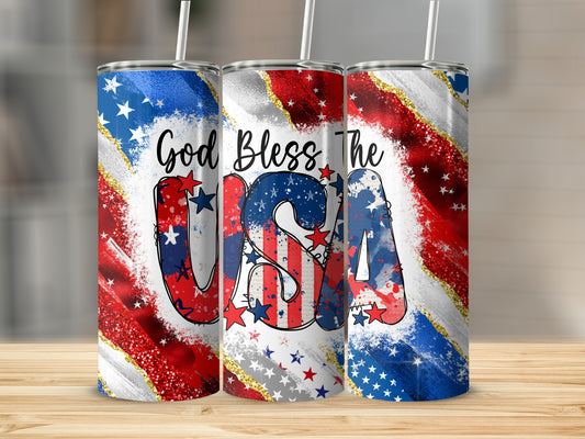 Three tumblers with "God Bless The USA" text and patriotic flag design.
