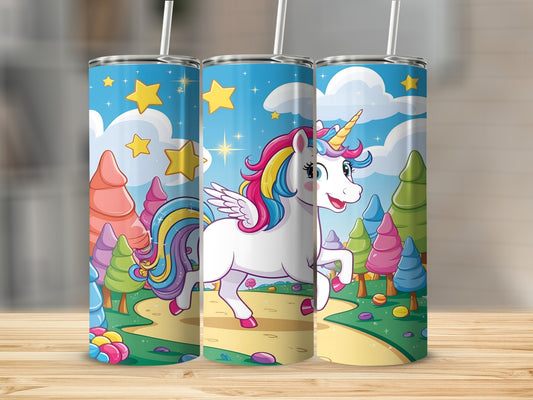 Cartoon unicorn with rainbow mane and tail runs on path through colorful forest.