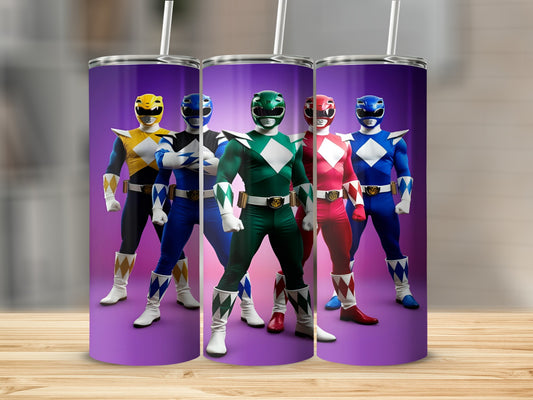 Three Power Rangers in black, green, and blue suits stand with arms at sides.