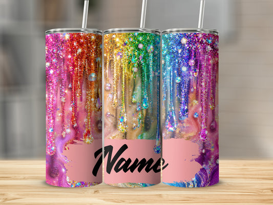 Three tumblers with glitter drip and diamond accents, each featuring a pink name panel.