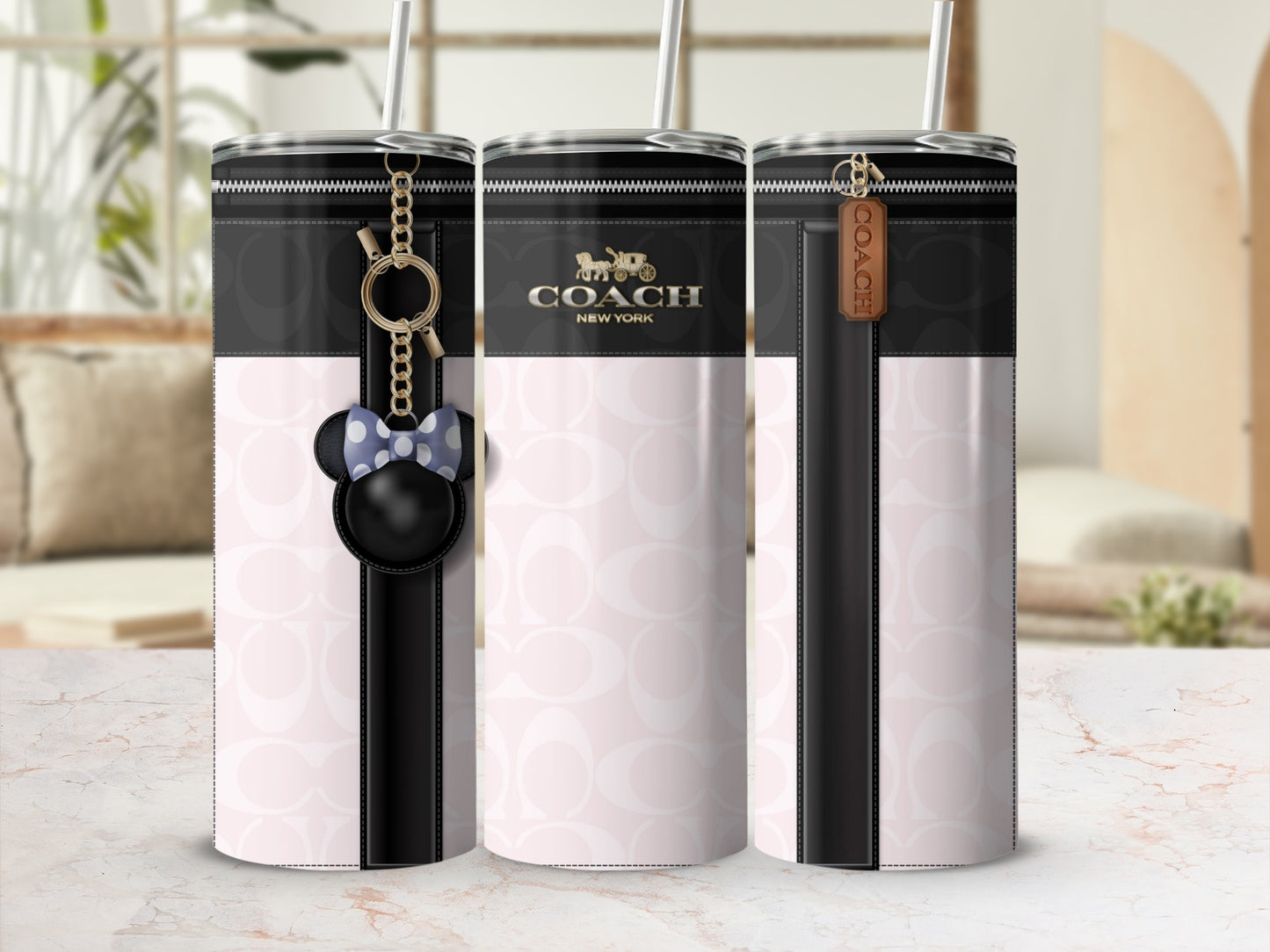 Fashionable Disney Coach Design Tumbler with Keychain Accessory