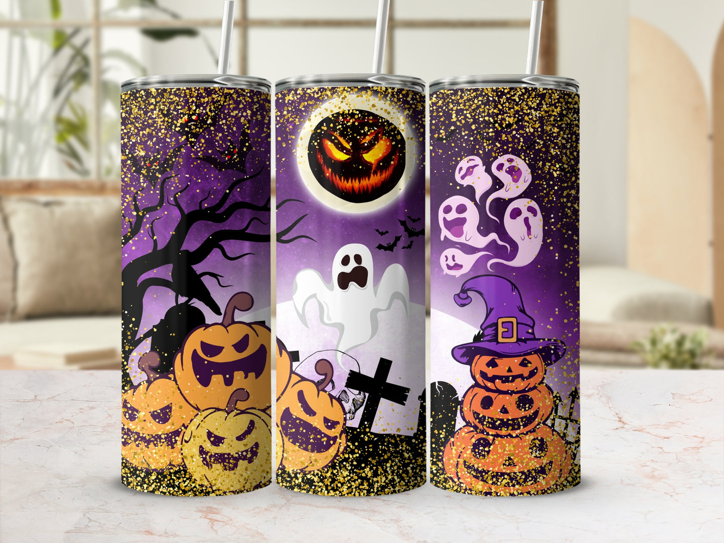 Halloween-themed spooky pumpkin ghost stainless steel tumbler