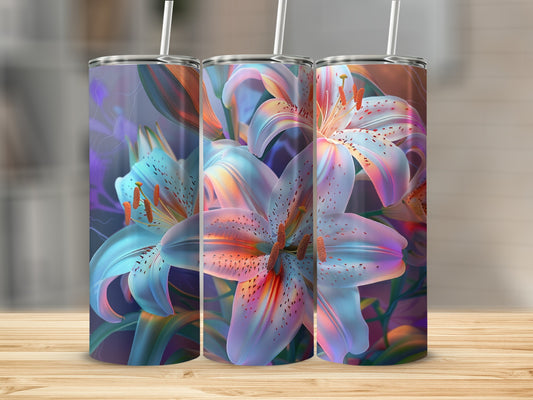 Three tumblers with iridescent lilies and purple lightning.