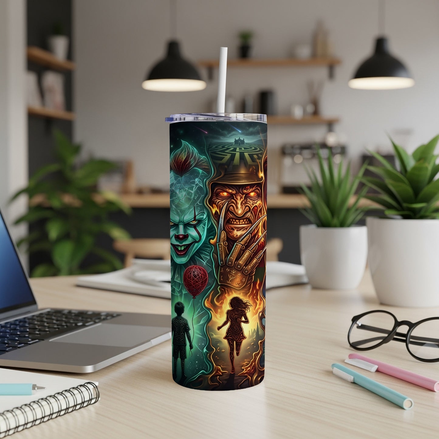 Tumbler with horror movie characters, maze, and running figures.