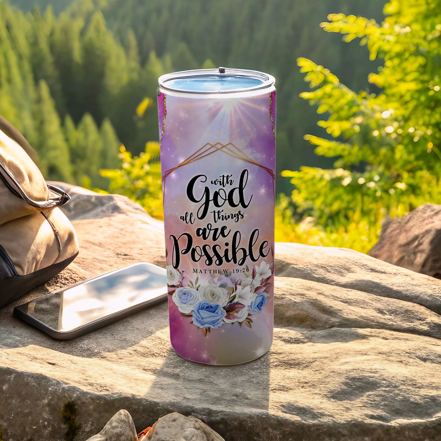 God all things are possible Matthew 19:26 tumbler with floral and celestial design.