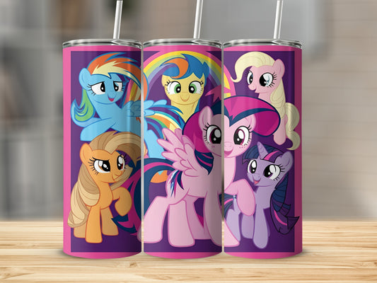 My Little Pony characters on a purple tumbler.