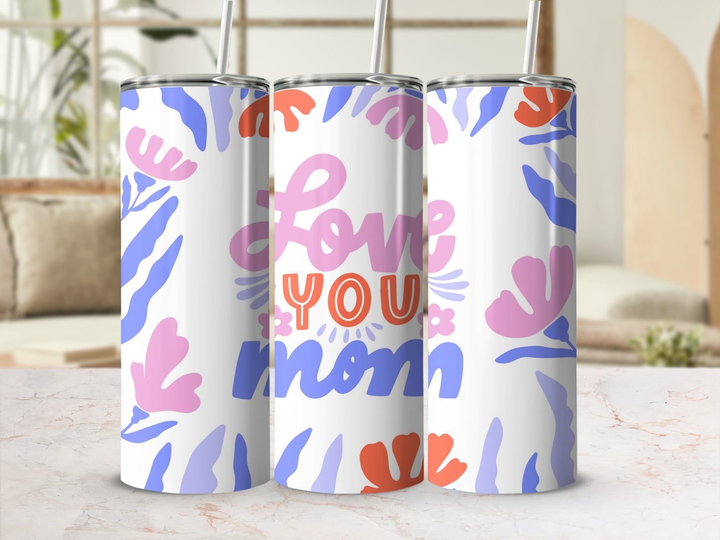 Love You Mom Floral Design Tumbler Cup