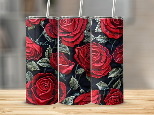 Three tumblers with a red rose embroidery pattern on a dark background.